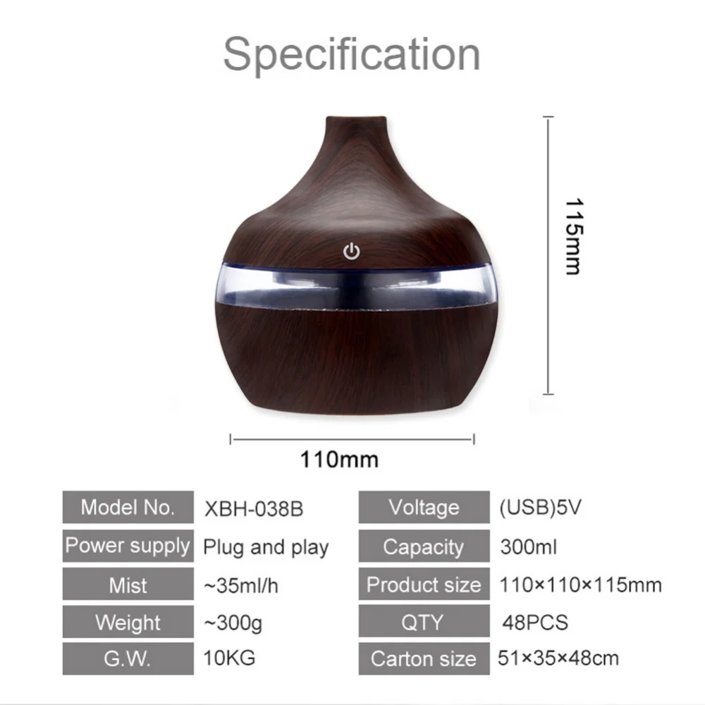 Electric Humidifier Essential Aroma Oil Diffuser Ultrasonic Wood Grain Air Humidifier Mini Mist Maker LED Light for Home