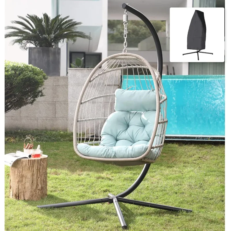 

Indoor Outdoor Egg Swing Chair with Stand, Patio Beige Wicker Rattan Hanging Chair with Rope Back, Cushion,Cover