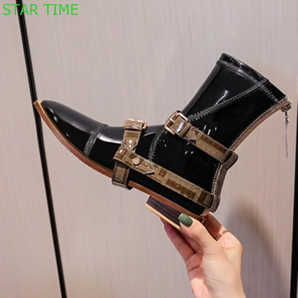 Patent Leather Belt Buckle Short Boots 2024 Spring New Sewing Round Toe Thick Low Heel Zipper Boots Fashion British Women Boots