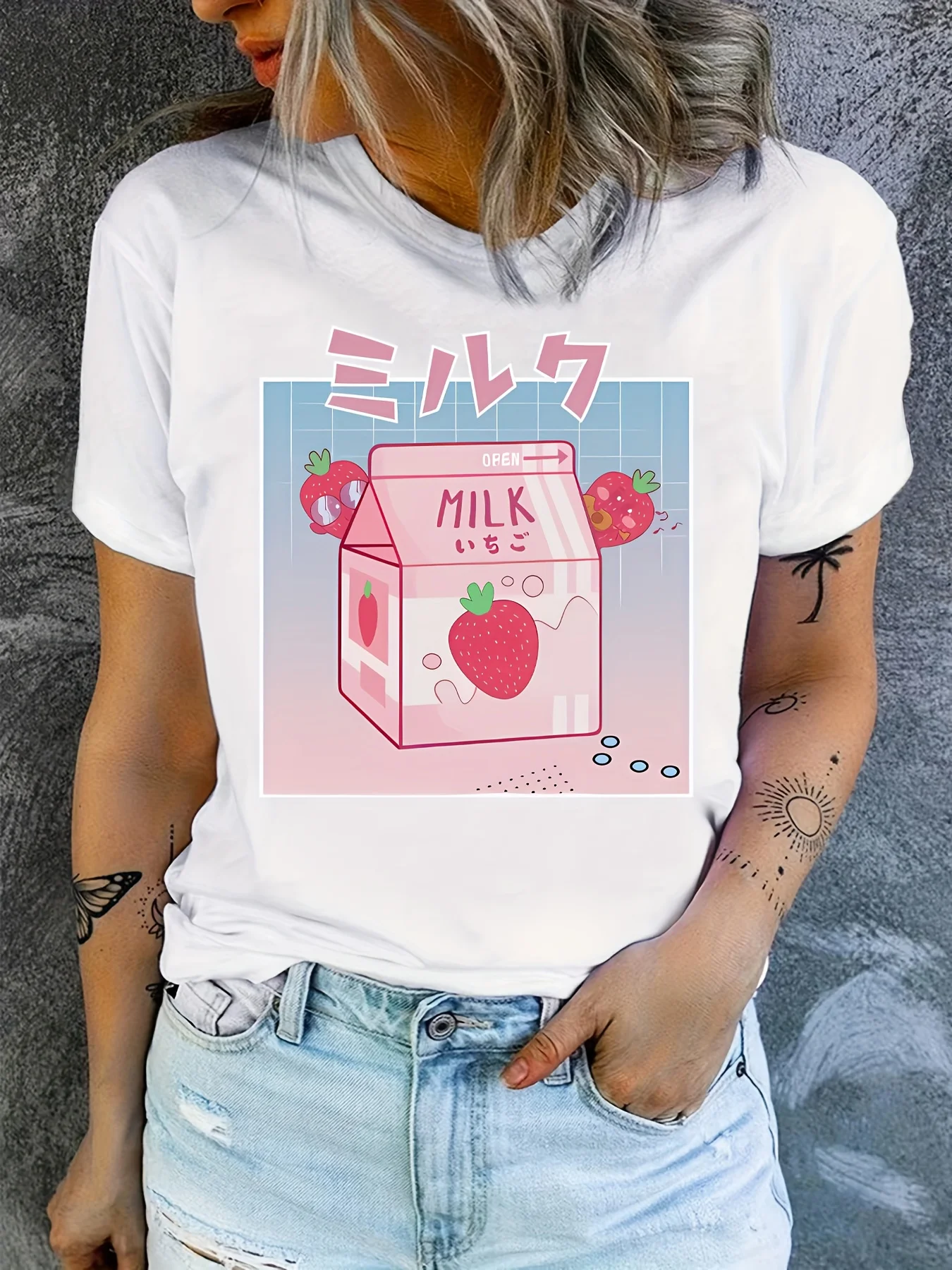 Japanese Anime Strawberry Milk Carton Manga T-Shirt Cute Strawberry Milk Print Round Neck Casual Tee Manga Style Apparel