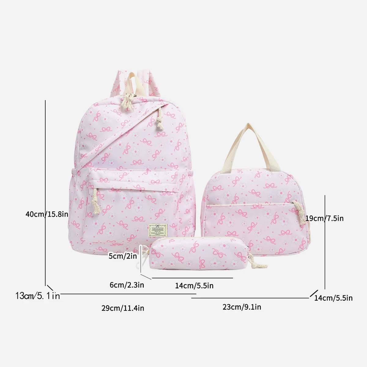 Conjunto de Mochila de Tres Piezas con Estampado de Flores y Lazo de Alta Estética, Mochila de Nailon Ligera de Gran Capacidad para Niñas, Mochila Escolar para Estudiantes