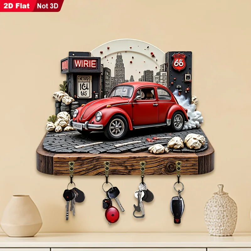 2D Flat, 1pc, Retro Route 66 Style Key Hook, Wooden Multifunctional Home Key Holder, with Four Metal Hooks, Wall Decoration,