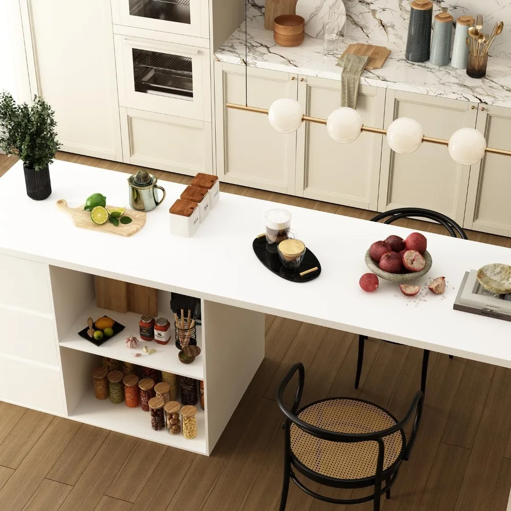 جزيرة المطبخ مقاس 80.7 بوصة مع مساحة تخزين، طاولة إعداد المطبخ الخشبية، خزانة تخزين قرطاسية بيضاء مع 3 أدراج، أرفف مفتوحة و2 كاليفورنيا #5