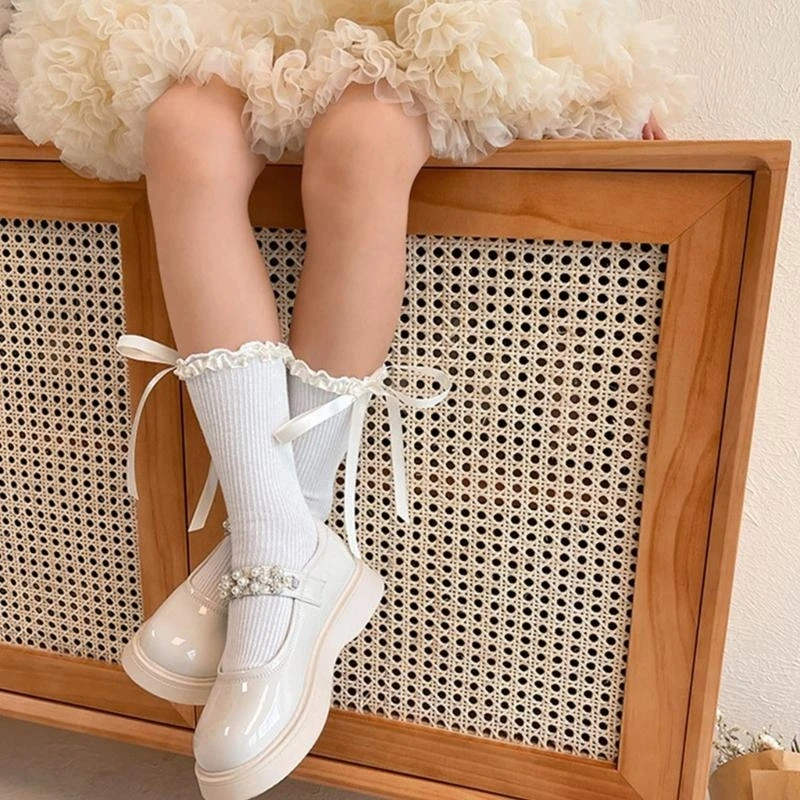 

M76C Носки с кружевом и бантом для девочек, эластичные гольфы, дышащие носки до середины икры