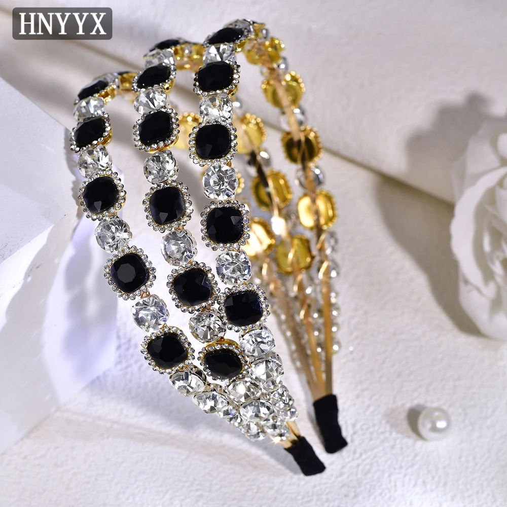 HNYYX Multi-Layer Black Color Rhinestone Women Wide Hair Hoop Trendy Party Banquet Handmade Headpieces Hair Jewelry A241