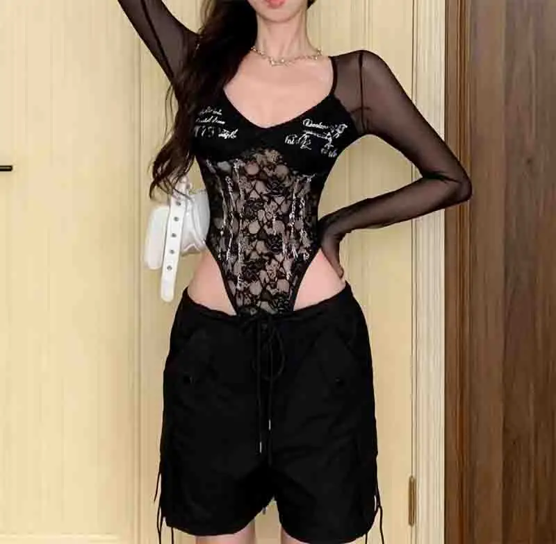 Body Vrouw Dames Vintage Middeleeuws Gothic Goth Punk Emo Steampunk Altgoth Grunge Rock Visnet Mesh Kant Doorzichtig Sexy BF