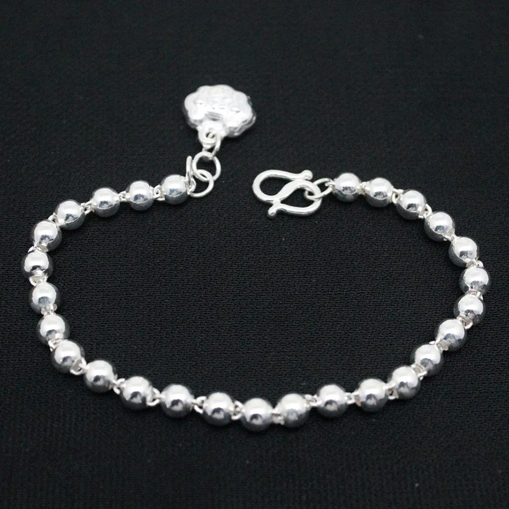 Real Pure 999 Fine Silver Chain Women 5mm Glossy Beads Link Fu Lock Bracelet 6-7g/19cm