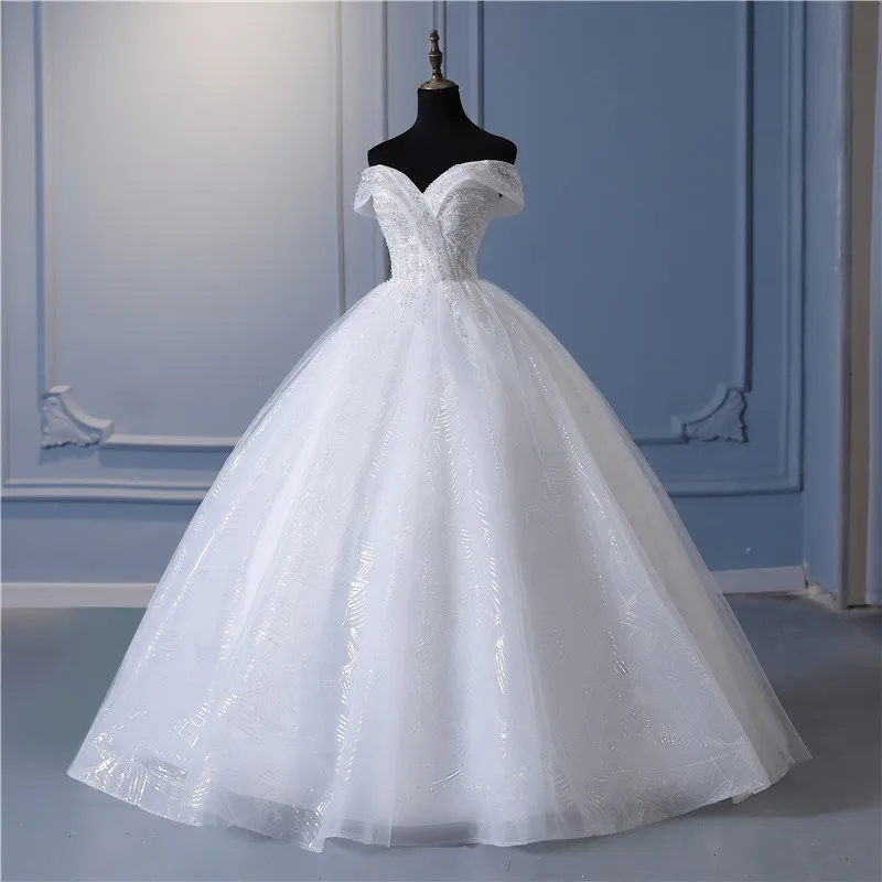 Y&m Novias Glitter vory Wedding Dresses Lace Beaded Ball Gown Cheap Off The Shoulder Short Sleeve Bridal Customized Plus Size