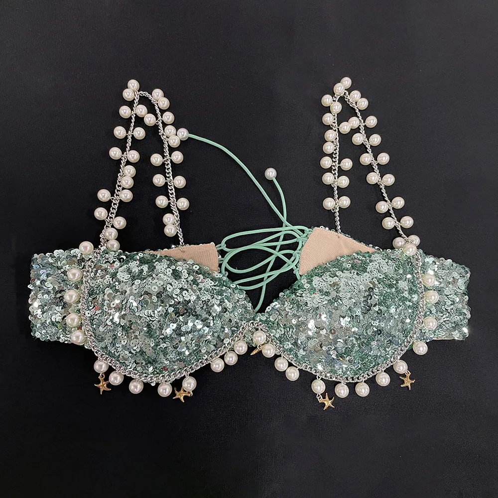 YOUR BUMP CURVE Handmade sequined bra stitching metal chain pearl tassel tight short top sexy woman island resort hotel