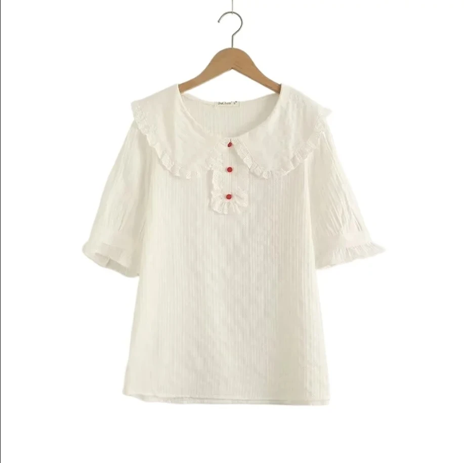 

High Quality Summer New Cotton Short Sleeve Shirts Peter Pan Collar Ruffles White Tops Casual Retro Sweet Loose Blouses
