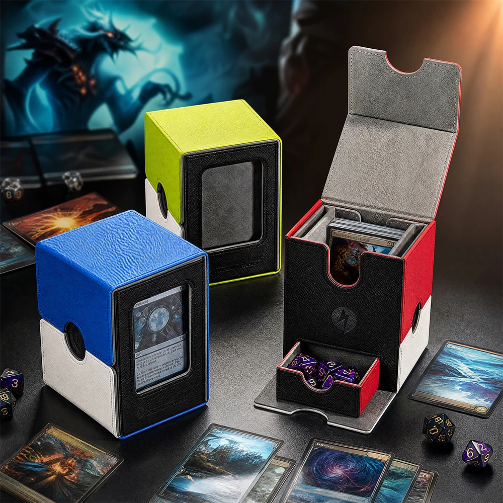 TCG Deck Box Magnetic with Dice Drawer Double Display Window PU Leather Trading Card Storage Case for Collectible Card Party