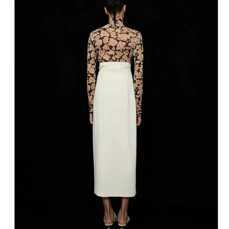 Nanu Style Women High Waist Slim Fit Long Skirts Cream Elegant Side Slit Waist Drawstring Tie Gathered Bottoms Female Maxi Skirt