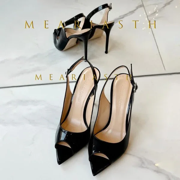 

Сандалии из лакированной кожи черного цвета с градиентом, женские брендовые дизайнерские туфли без шнуровки с острым носком и открытым носком, лаконичные туфли на высоком каблуке-шпильке