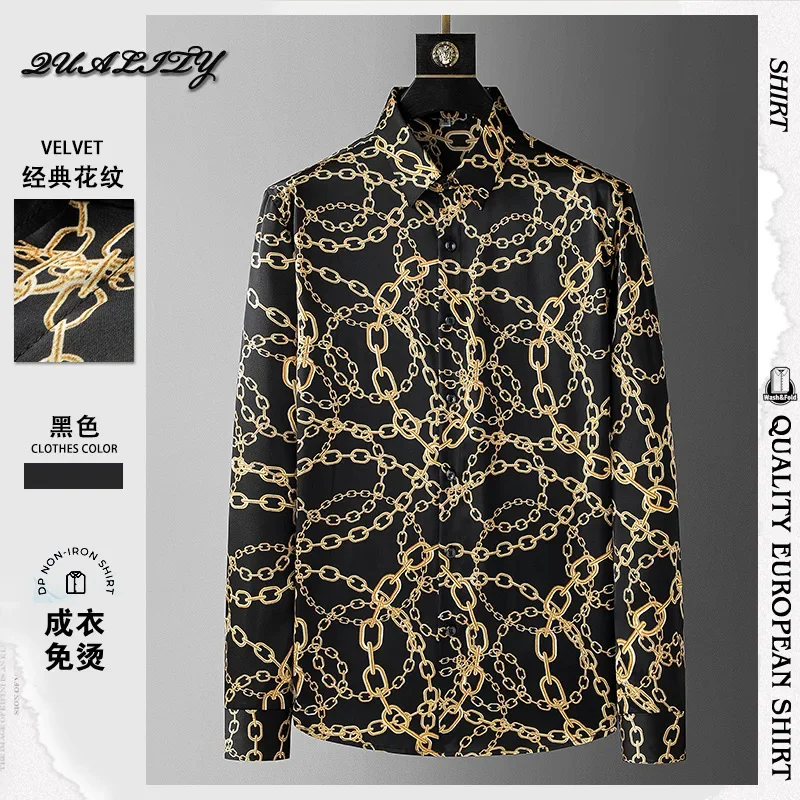 

Printed Shirt for Men Luxury Long Sleeved Casual Business Shirt Loose Social Party Tuxedo Streetwear Men Clothing Vintage Chain