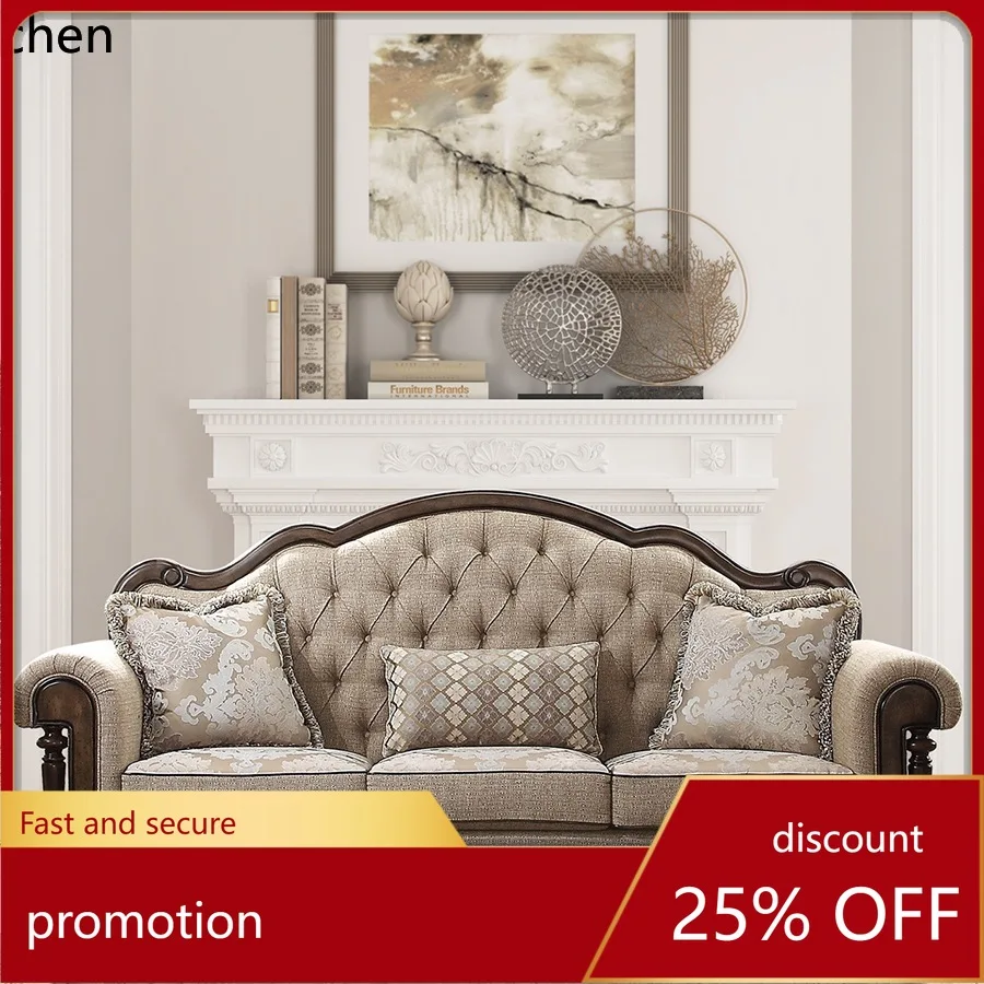 ZML Solid Wood Sofa Fabric Three-Seater Oak Vintage Distressed Cotton Linen Double-Seater Living Room Furniture