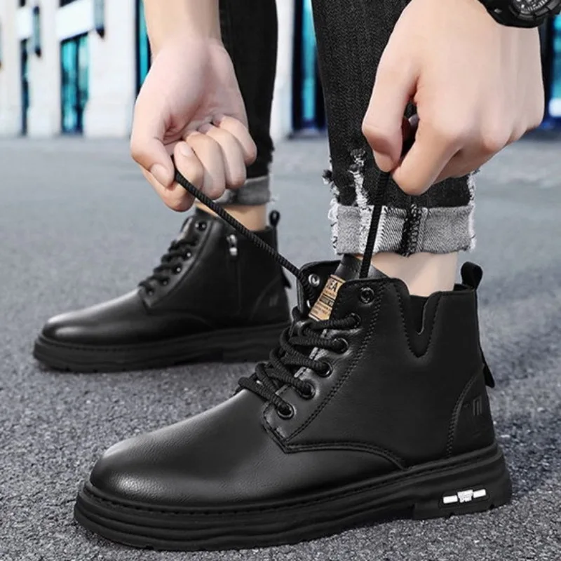 2025 männer Stiefeletten Mode High-top Casual Leder Boot Nicht Slip Plattform Stiefel für Männer Lace Up Motorrad stiefel Botas Hombre