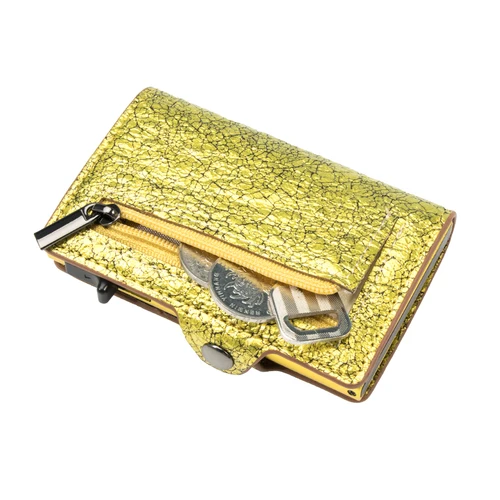 Imagen 2 del producto CASEKEY-tarjetero RFID para hombre, tarjetero emergente de cuero agrietado metálico dorado de lujo con monedero, cartera Masculina