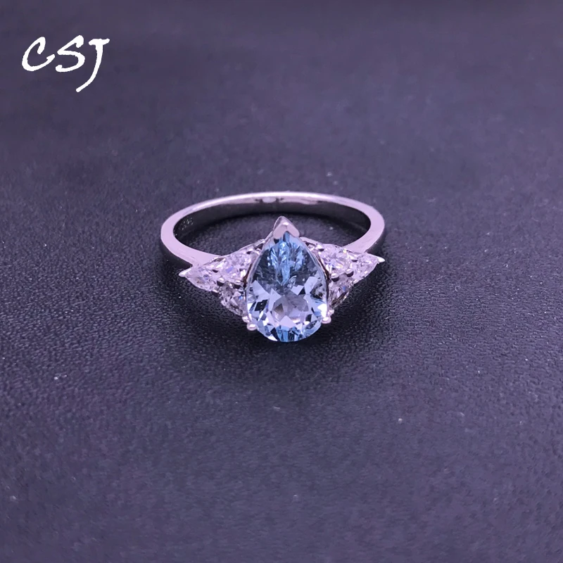 

CSJ Real Natural Aquamarine Ring Sterling 925 Silver Gemstone 6*8mm 1.2ct Jewelry for Women Girl Party Birthday Elegant Gift