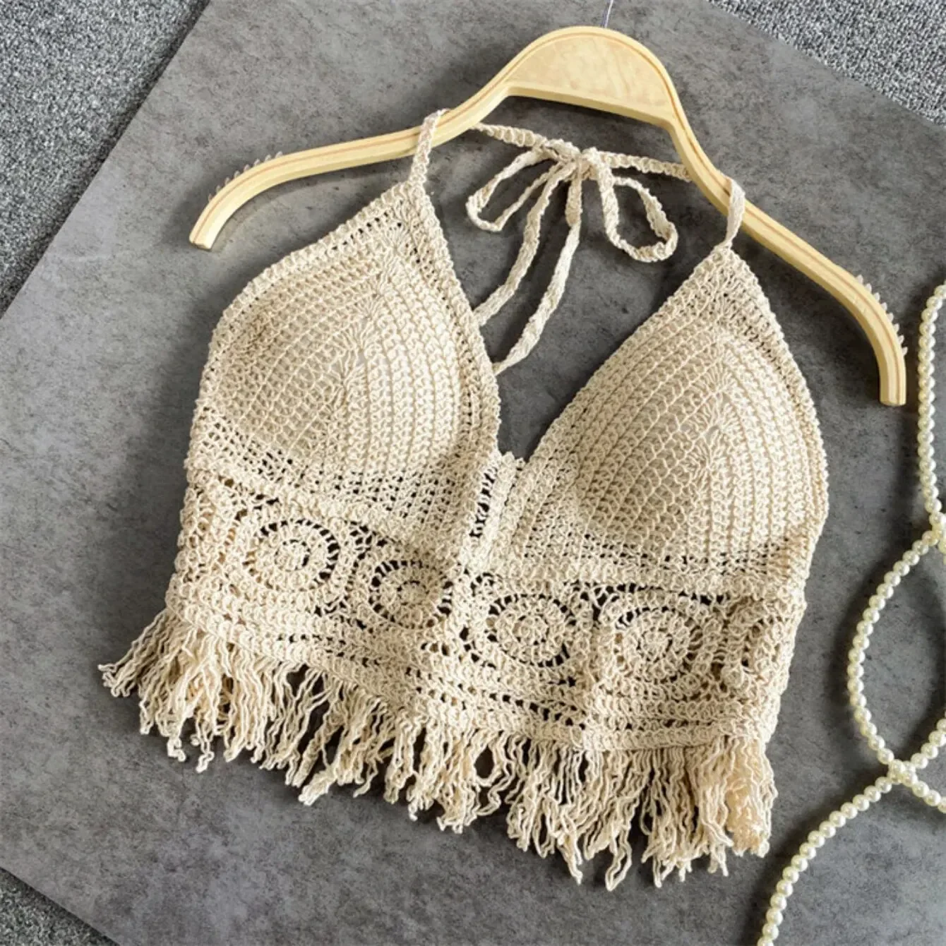 Kamizelka krótka koszulka damska Boho Fringe Backless Halter wiązanie na szyi bielizna odzież wierzchnia z haftem na szyi frędzle pończoch