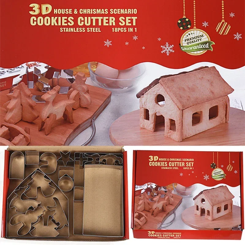 

18pcs Cookie Cutter Set Christmas Gingerbread House 3D Stainless Steel Cookie Biscuit Mold Fondant Baking Mould Party Decor