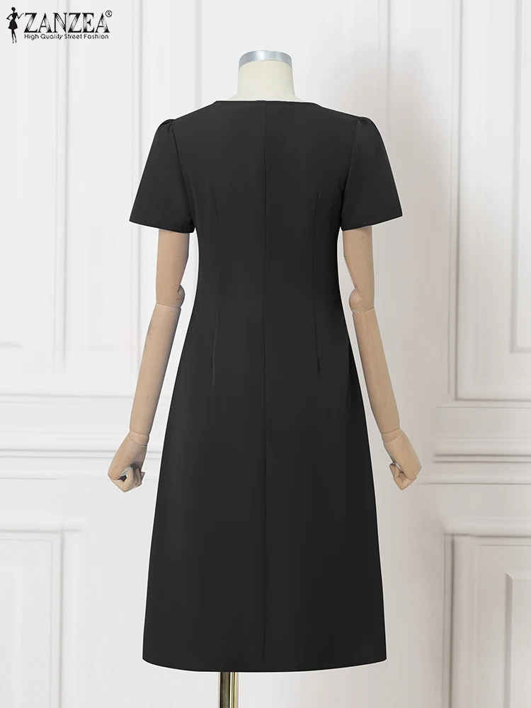 ZANZEA Sommer Elegante Frauen Party OL Kleider 2025, Kurzarm Casual Solide Plissee Mode Robe Midi Büro Dame Arbeit Vestidos