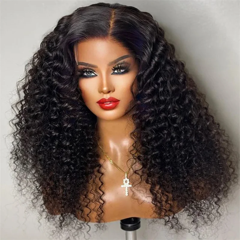 Soft Long 26\'\' 180Density Natural Black Kinky Curly Glueless Lace Front Wig For Women BabyHair Preplucked Heat Resistant Daily