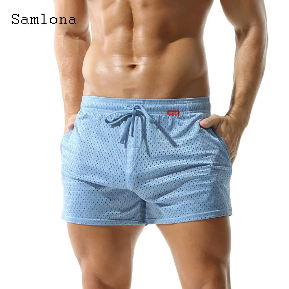 

Лето 2025 г., сексуальные шорты Guaze с карманами-стойкой, мужские повседневные пляжные шорты для бега, однотонные синие, розовые, мягкие ультра-шорты на шнурке, новинка