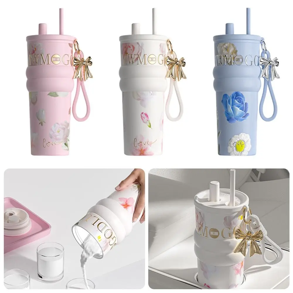 

710ml Insulated Cup Large Capacity Dustproof Student Drinking Cup with Flower Pendant Ceramic Inner Liner Vacuum Coffee Cup