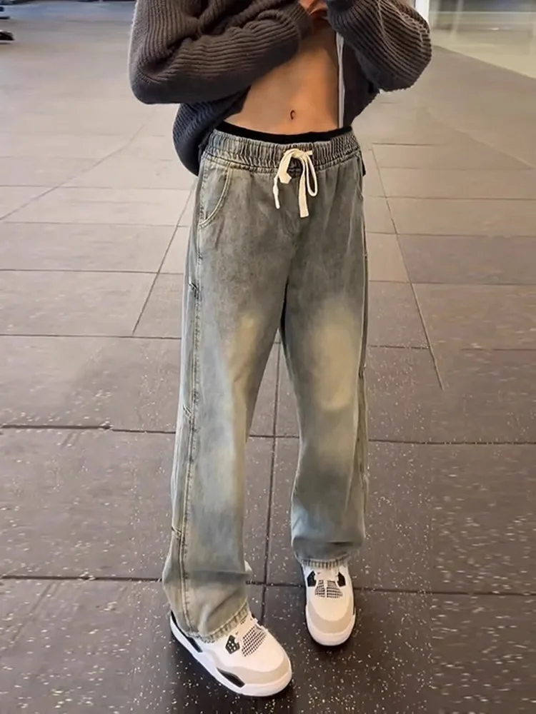 

Повседневные американские широкие джинсы для мужчин, осенние универсальные свободные джинсы с завязками, прямые джинсовые брюки, молодежная модная одежда