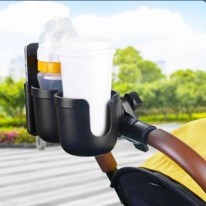 3-in-1 Universal Cup Holder with Phone Mount Holder Adjustable Dual Drink Bottle Rack for Baby Stroller Pram Bike Wheelchair