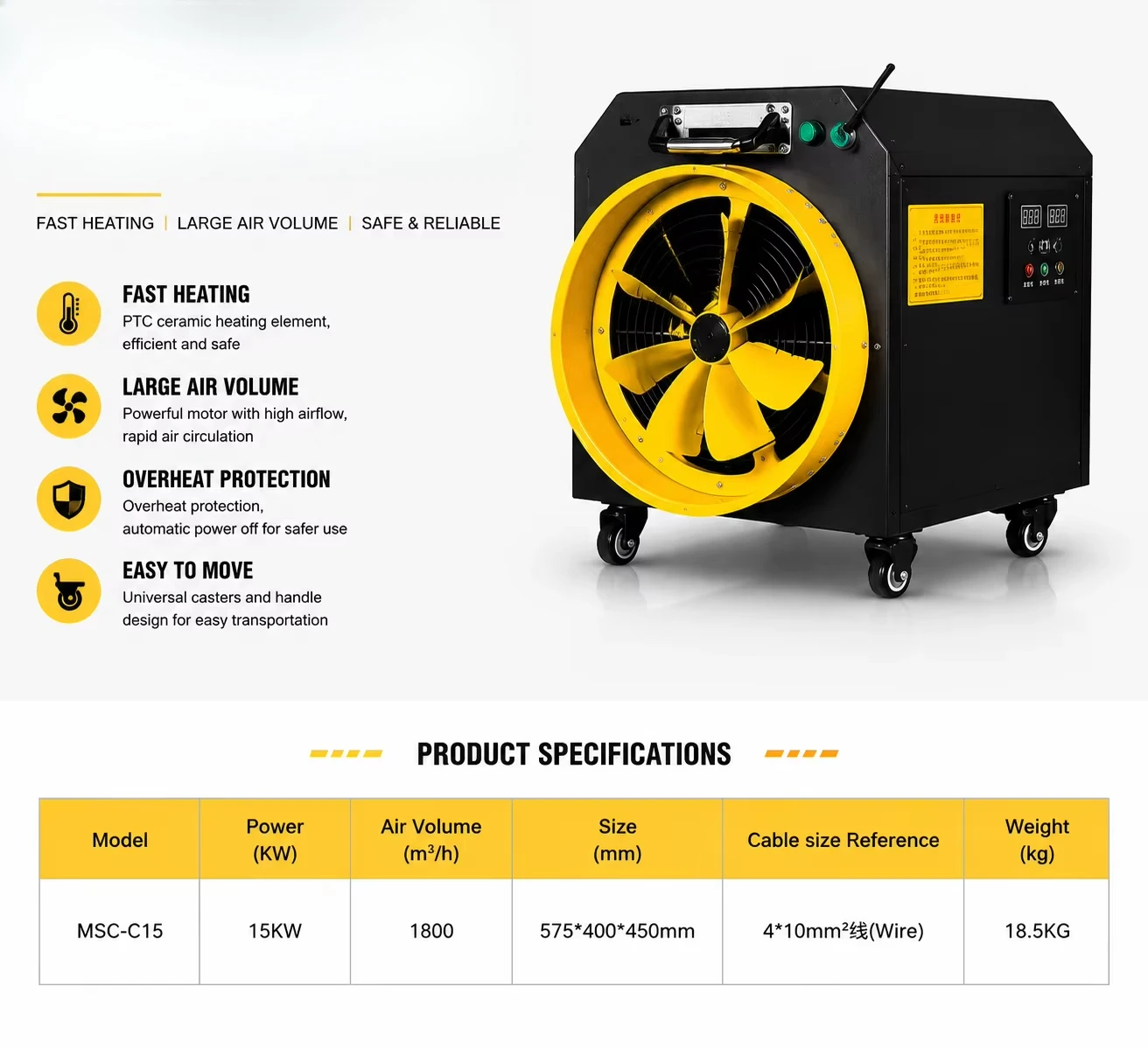 15KW High Power Portable Industrial Electric Heater Fan Mobile Hot Air Blower Industrial Heater for Factory Greenhouse Farm