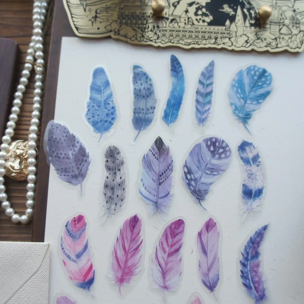 

38pcs Watercolor Feather Design PVC Sticker As Scrapbooking DIY Gift Packing Label Tag Decoration