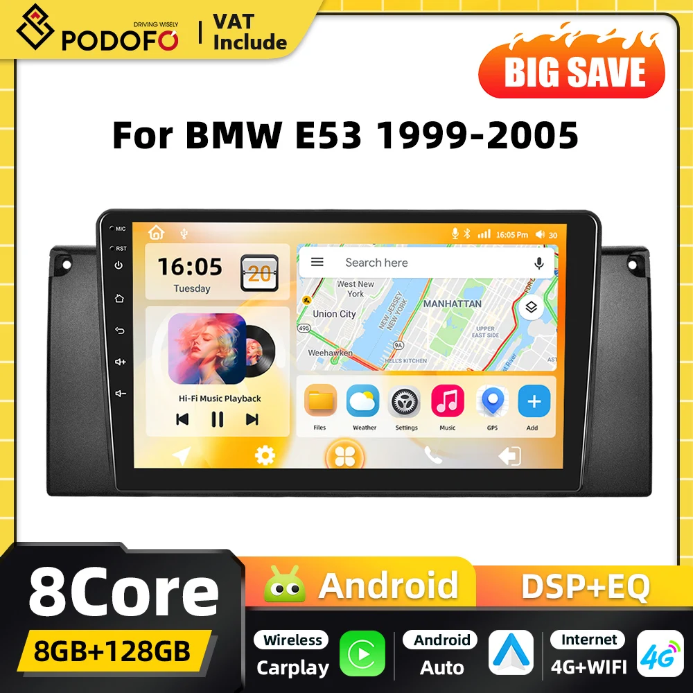 Podofo 8-Kern Carplay Android Autoradio für BMW E53 1999 2000-2005 GPS 4G Android Auto FM 2DIN Autoradio-Player