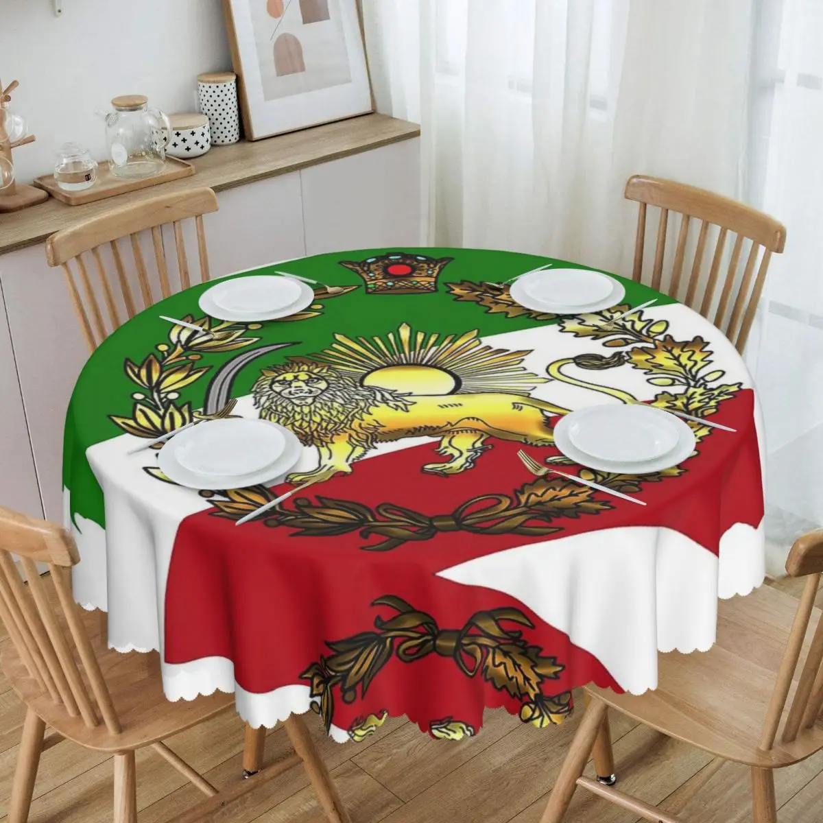 

Round Iran Pahlavi's Flag With Lion And Crown Tablecloth Waterproof Oil-Proof Table Cover 60 inches Table Cloth