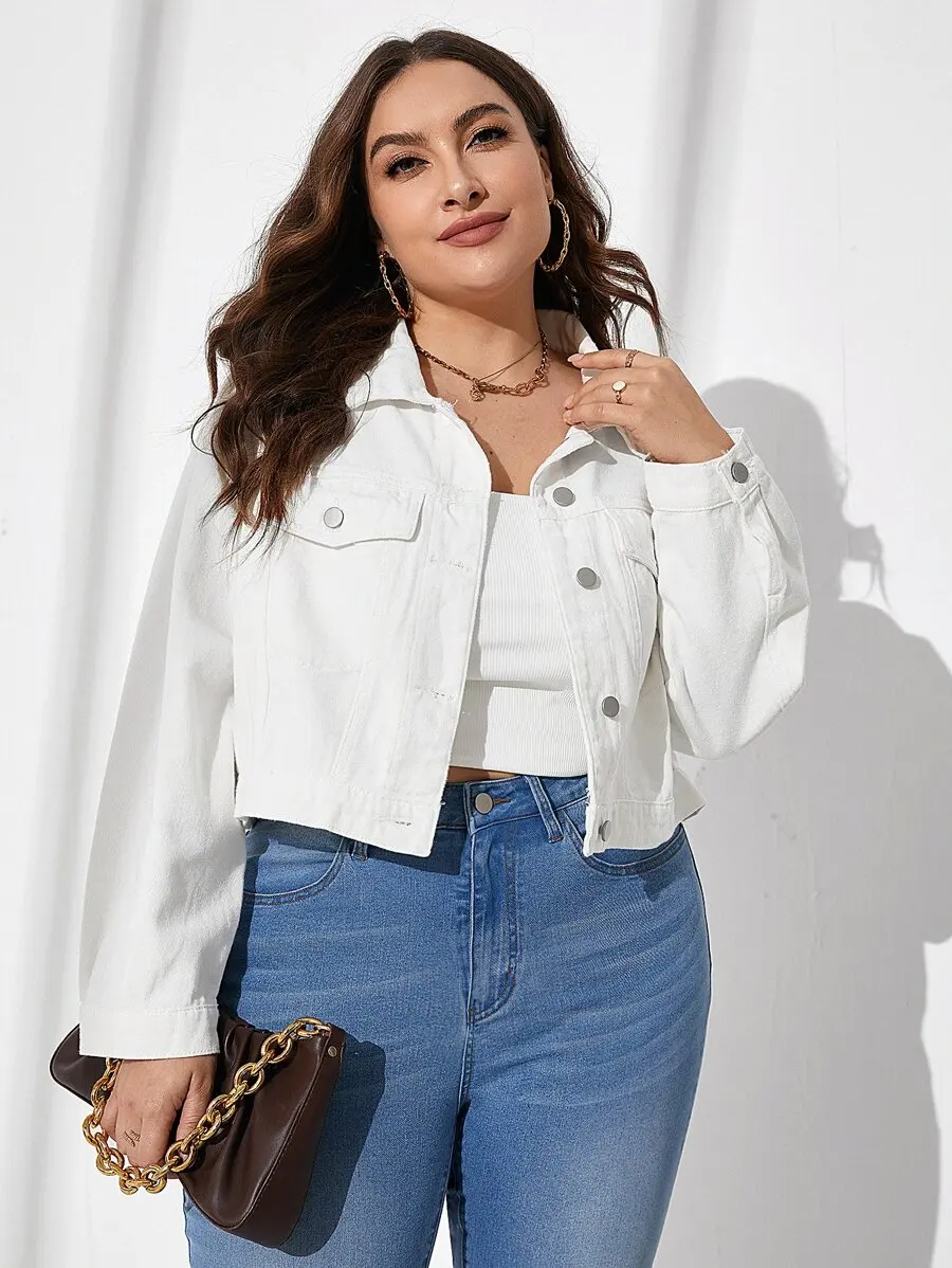 

Plus Size Women's White Solid Long Sleeve Denim Jacket Casual Cropped Fit