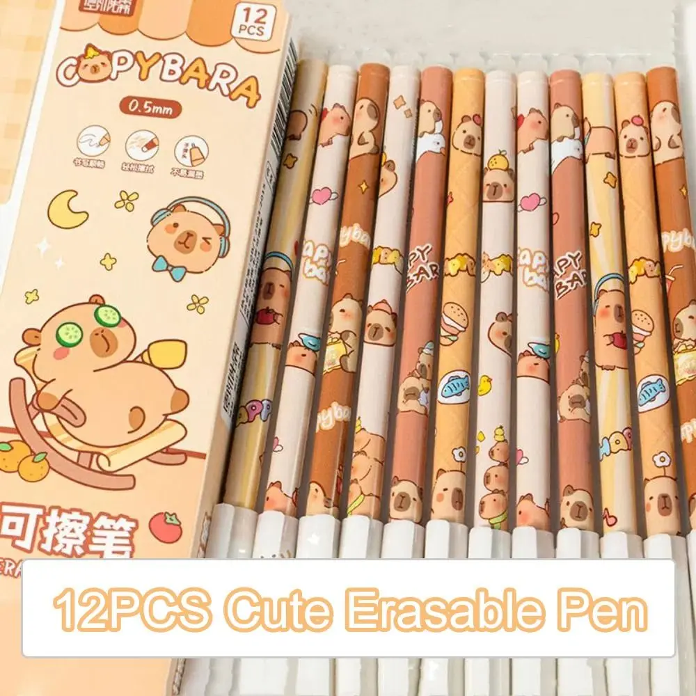 

12PCS Cartoon Erasable Pen 0.5mm Student Gel Pen Kawaii Blue Ink Cute Capybara Panda Quick-Drying Erasable Pen Writing Supply