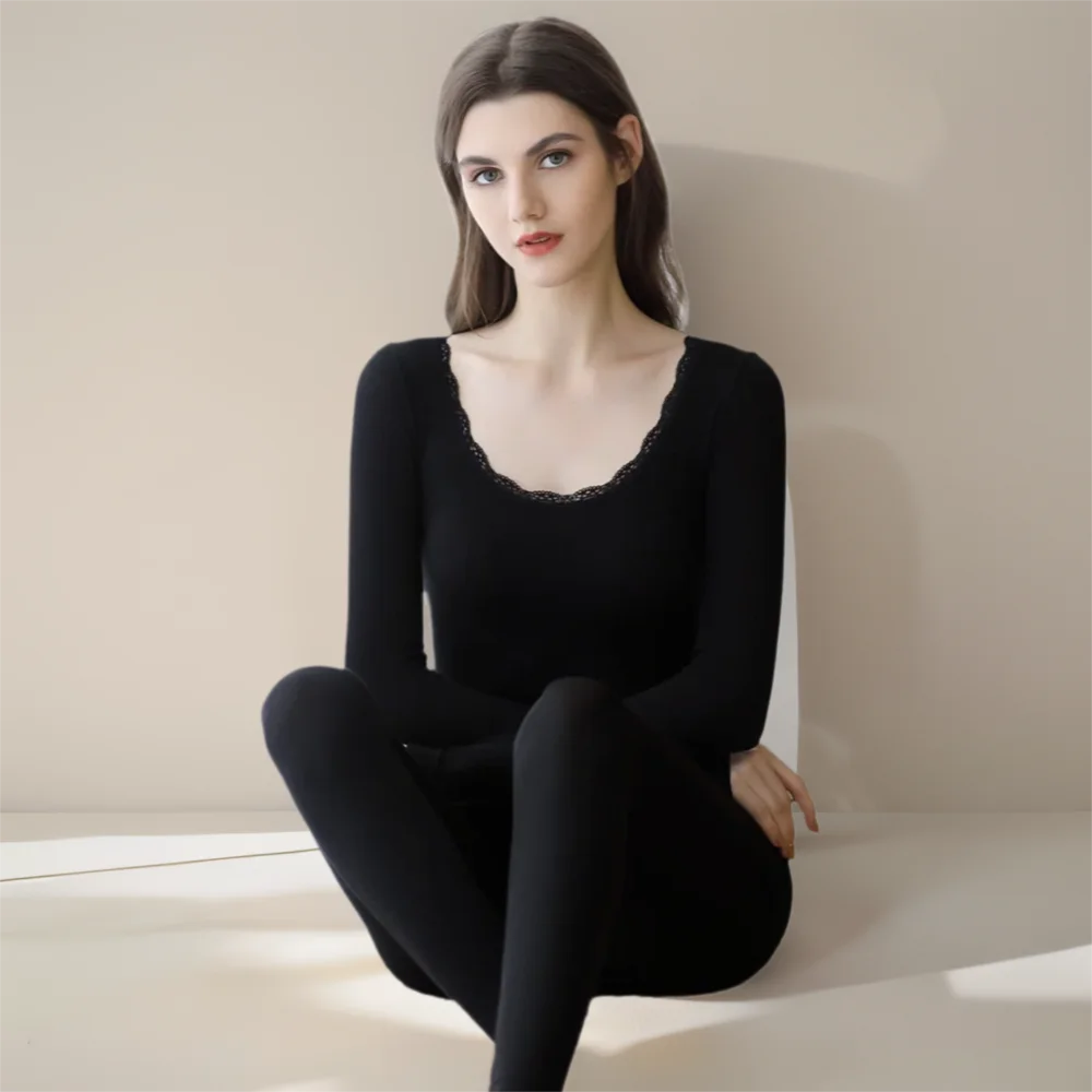 Conjunto de ropa interior térmica para mujer, ropa de invierno, 29% algodón, encaje, ajustado, fino, manga larga, Tops cálidos, mallas, ropa interior térmica