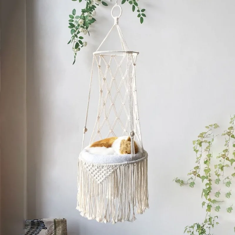 D2 Boho Macrame Hanging Pet Bed Cat Dog Swing Cotton Rope Long Tassel Basket Fringe Hand Woven Indoor Cat Hammock Nest Mesh Bag