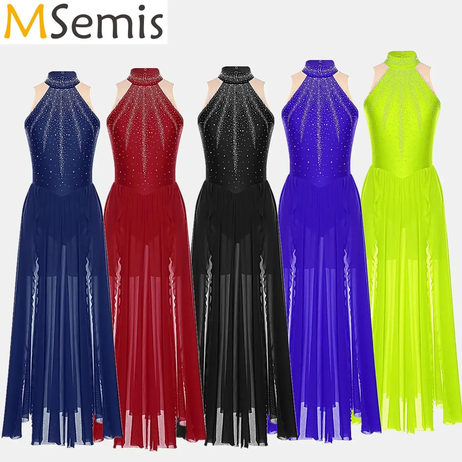 

Womens Ballet Leotard Lyrical Dance Costume Keyhole Back Sparkling Rhinestones Contemporary Ballroom Dance Split Maxi Dress