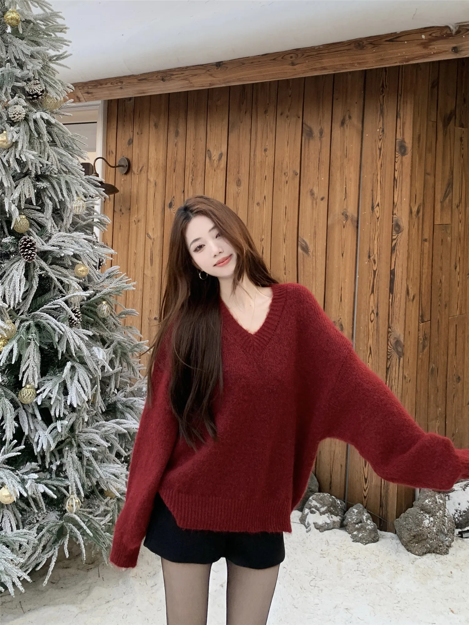 Maglione lungo Sve retrò rosso V-Ne da donna invernale morbido e accogliente lavorato a maglia casual versatile pigro abbinato tutto top comodo pullover