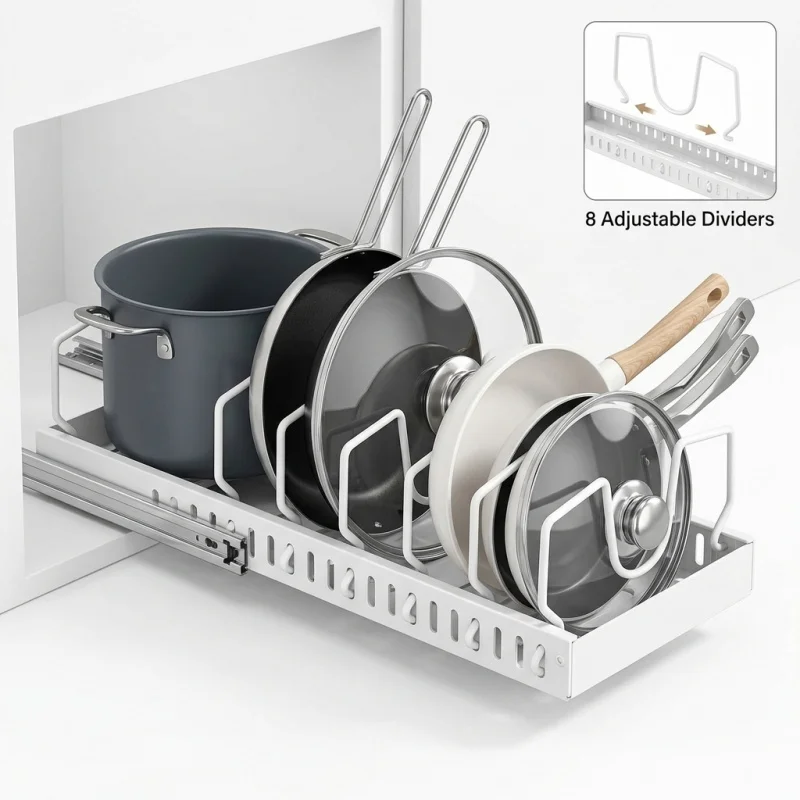 

Sliding Kitchen Pull Out Pots and Pans Organizer Under Cabinet Storage Tray 8 Adjustable Dividers Cookware Lids Rack Holder