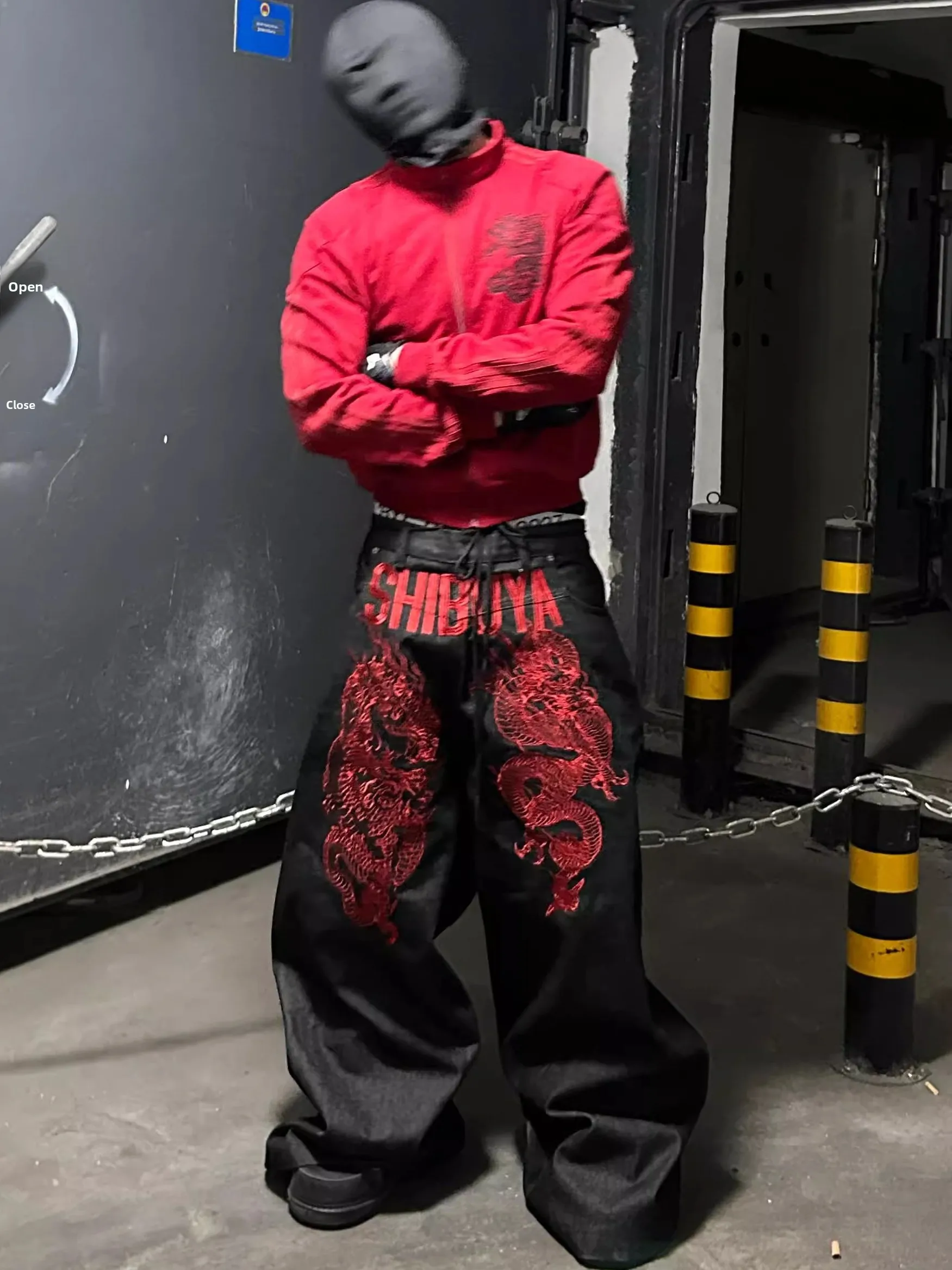 

American Heavy Industry Red Dragon Embroidery Wide Leg Straight Cut Jeans Men's Casual Comfortable Breathable Non-Shrinkage