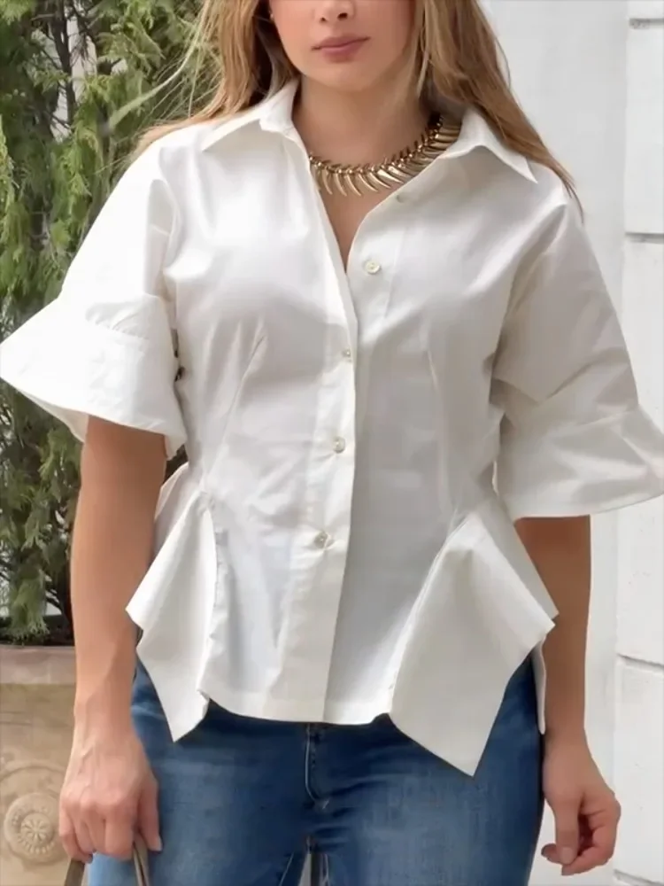 

Lemongor Office Lady Simple Cotton Lapel Blouses Fashion Solid Color Half Sleeves Asymmetrical Urban Commute White Shirts 2025
