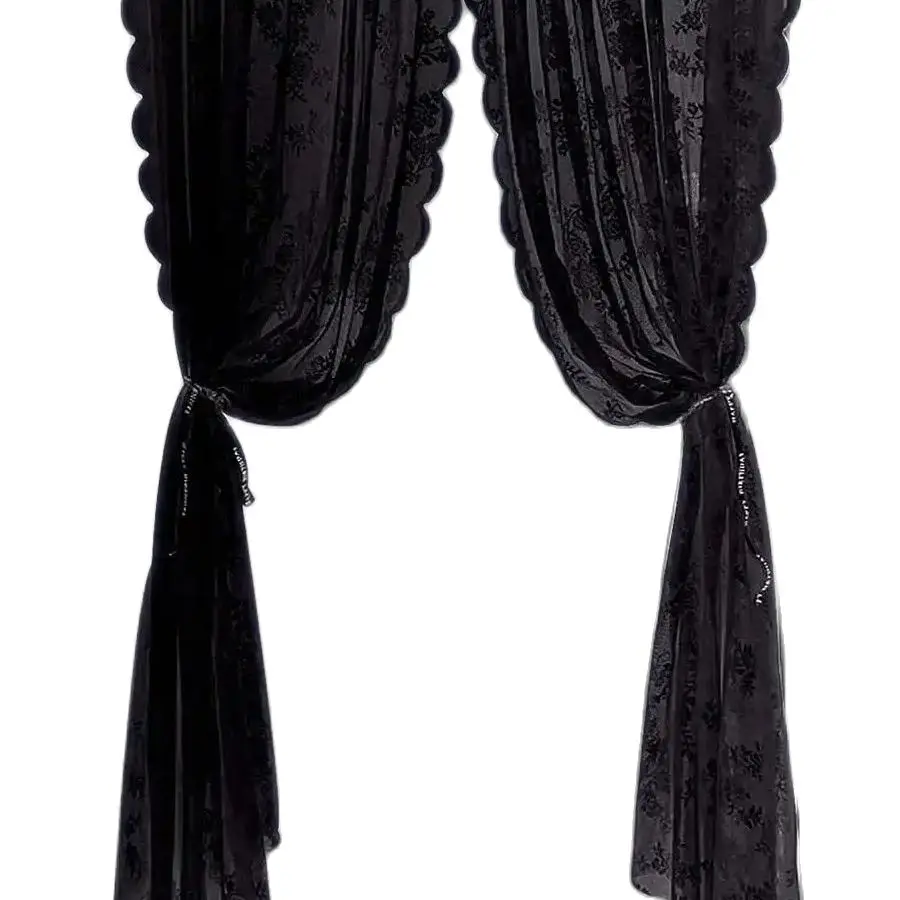SCHWARZE Vorhangplatte mit floraler Spitze und transparenter Stangentasche