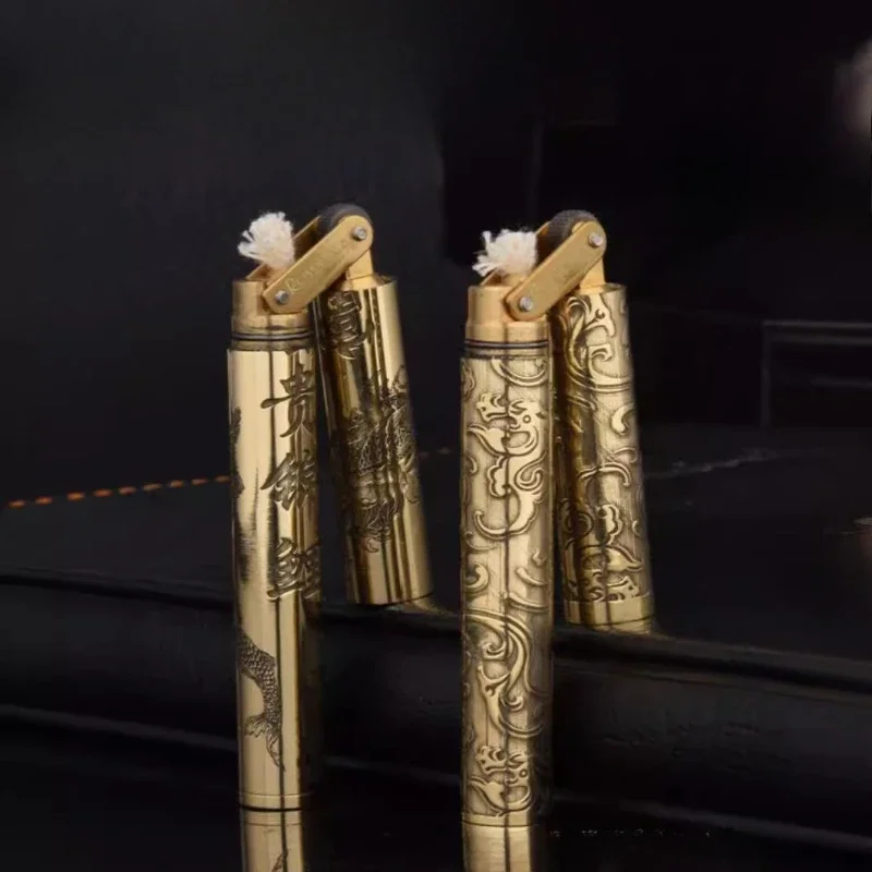 Creative Stick Shaped Cylindrical Carving Wrapped Around Copper Portable Lighter, Unusual Men's Gift Cigarette Accessories