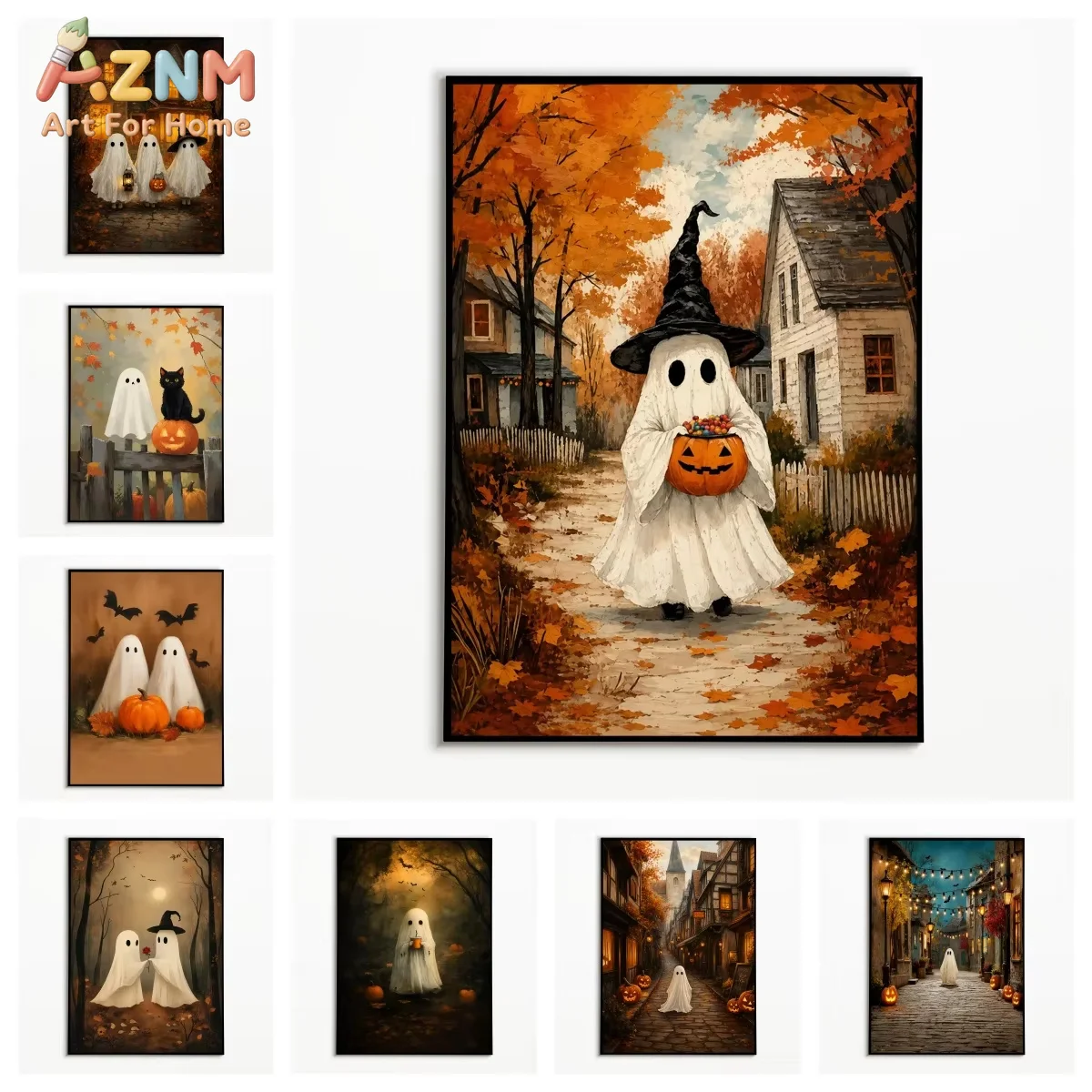 1PC Autumn Countryside Cute Ghost Poster Halloween Vintage Pumpkin Black Cat Wall Art Canvas Printing Fall Decor