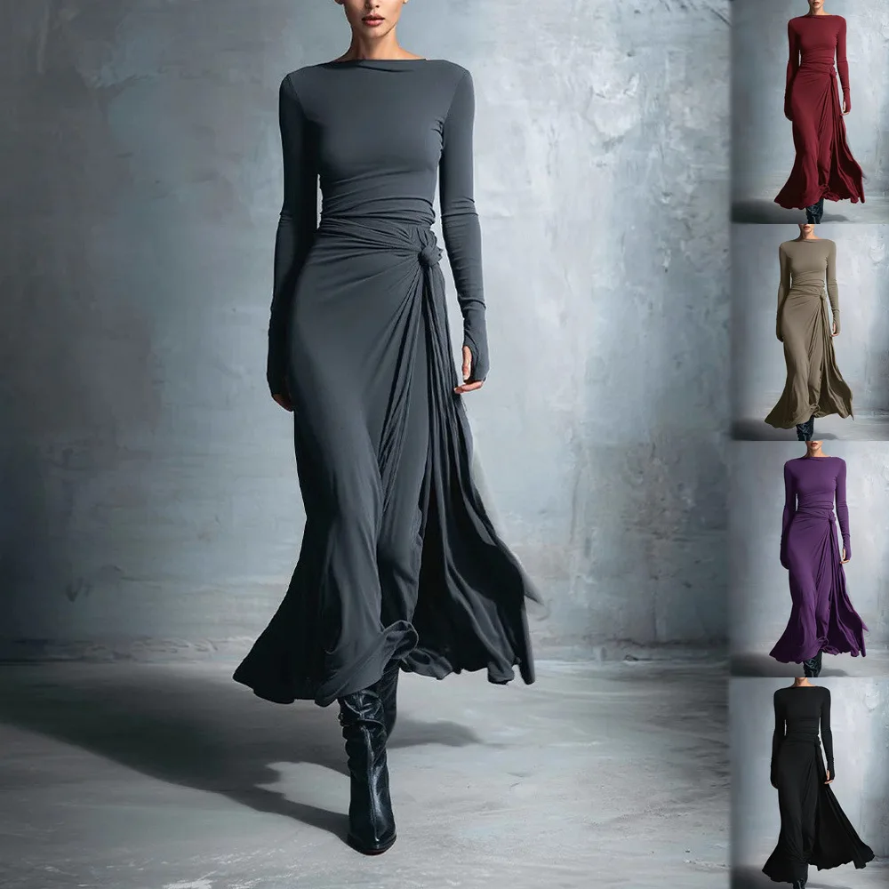 

2025 New Autumn Winter Women Solid Color Wrap Maxi Dress Elegant Knot Detail Long Sleeve Slim Fit Party Dress
