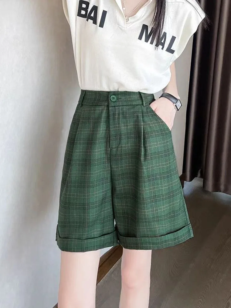 Zoki Vintage Harajuku Women Green Plaid Shorts Korean High Waist Casual A Line Shorts Summer Preppy Style Fashion New Shorts