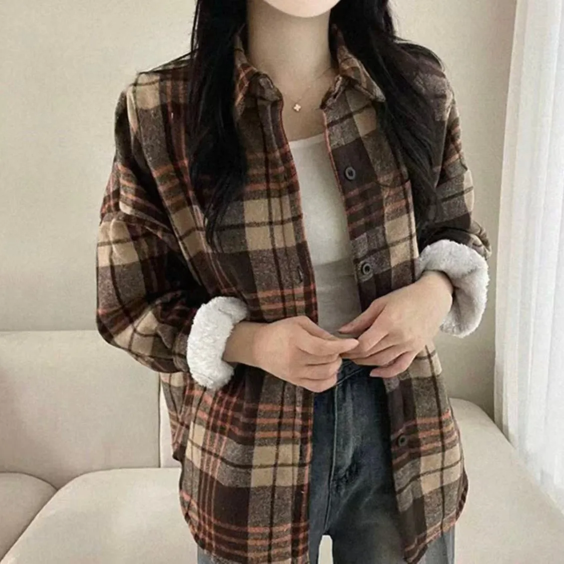 Manteau en laine pour femme automne hiver Thiened Fce doublé Long Sve Plaid irt Design Vintage polyvalent haut à la mode