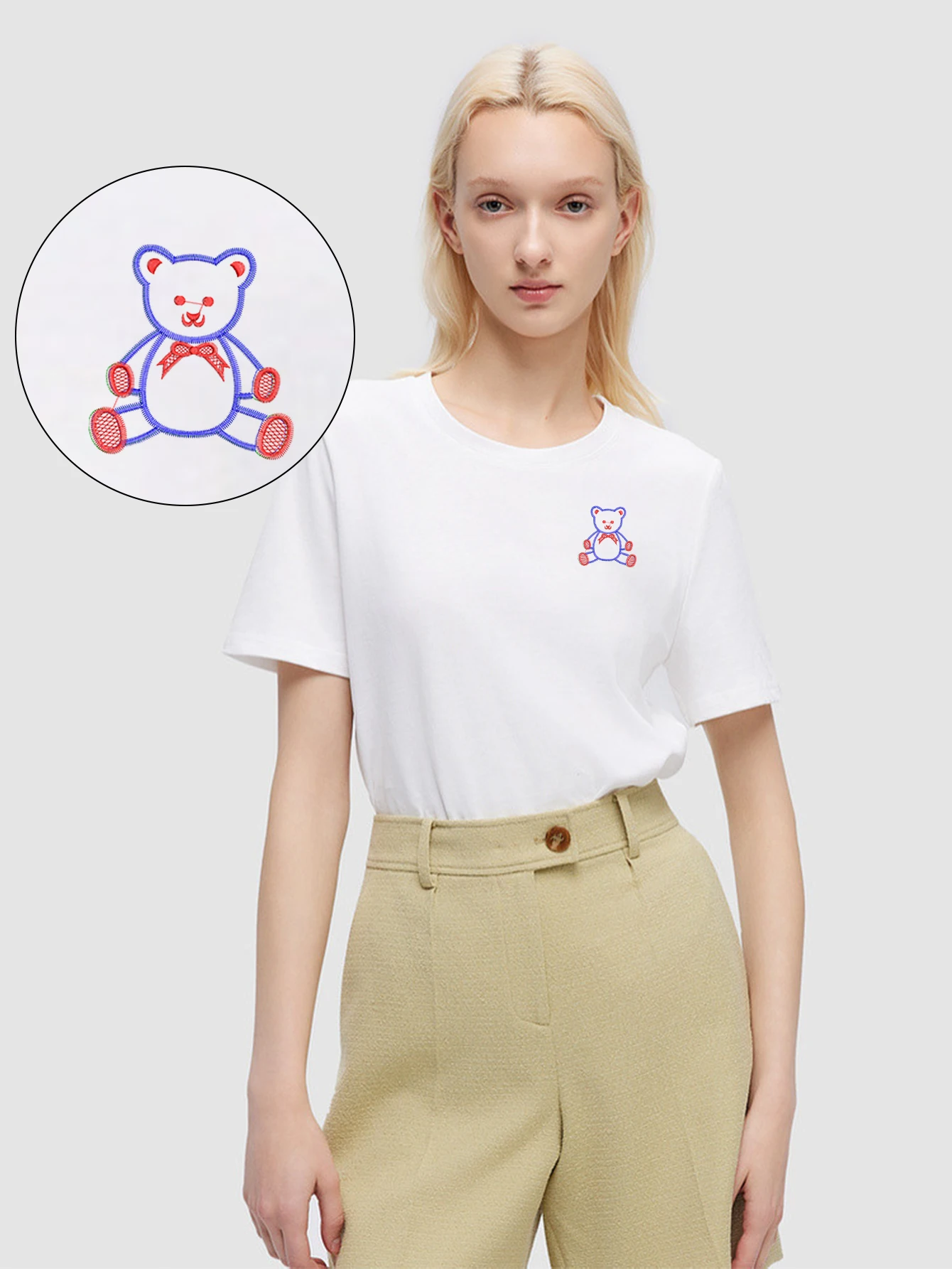 

Adorable Men & Women Embroidered Cute Cartoon Bear Cotton T-Shirt – Cuddly Top Tees with Luxury Embroidery for Family Picnics